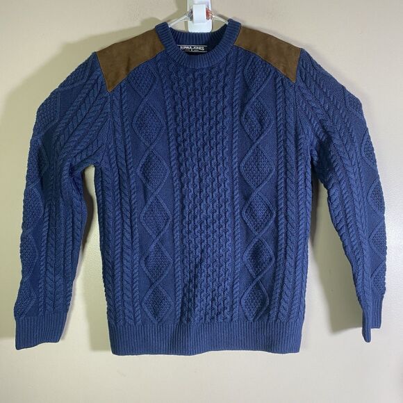 PJ Paul Jones Mens Size Small 3D Cable Knit Blue Sweater Shoulder Patches - Picture 1 of 13